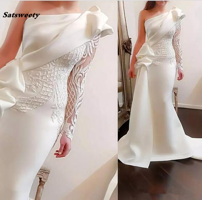 Elegant One Shoulder Mermaid Long Prom Dresses White Long Sleeves Evening Gowns Satin Ruched Ruffles Applique Sweep Train