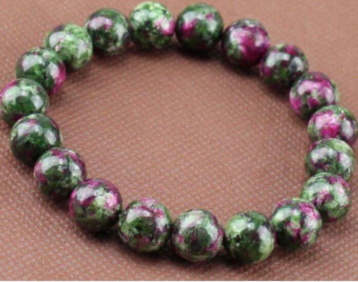 

10mm Natural Green Ruby In Zoisite Round Gemstone Stretchy Bracelet 7.5, Blue;slivery