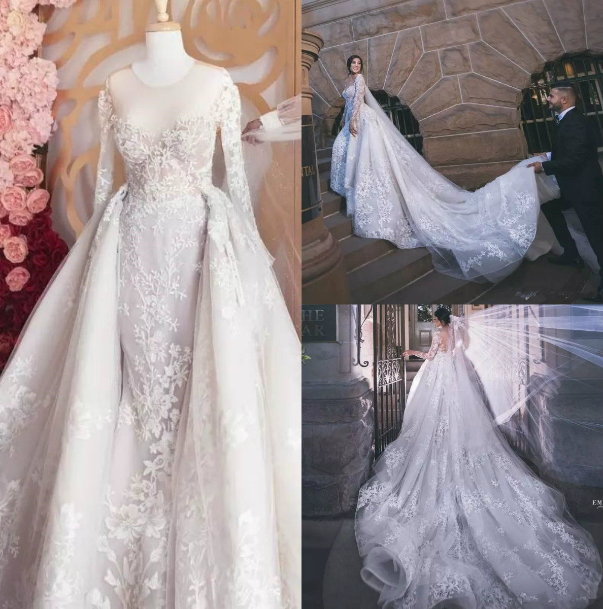 

Plus Size Mermaid Weddding Dresses With Overskirt Sheer Jewel Neck Lace Applique Long Sleeve Wedding Gowns Romantic Dubai Vestido De Novia, Black