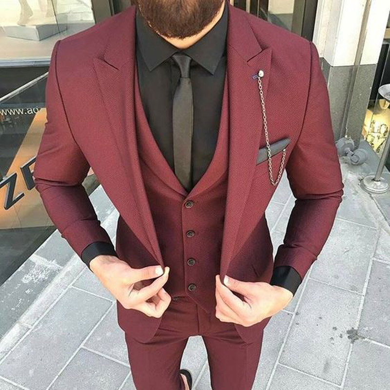 Burgundy Formal Men Suits for Groom Tuxedos Wedding Party Three Piece Jacket Pants Vest Slim Fit Blazer Peaked Lapel Man Suit
