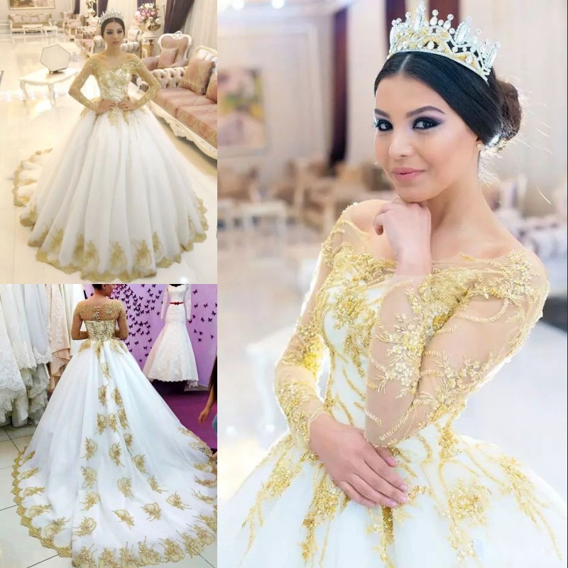 

Luxury Gold Applique Wedding Dress Sexy Off Shoulder Beaded Sheer Long Sleeves Tulle Wedding Dresses Glamorous Saudi Arabic Wedding Gown, Black