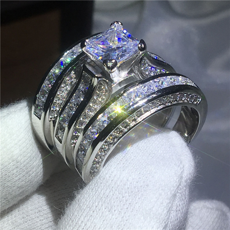 

Dropshipping Handmade 3-in-1 ring Yellow & White Gold Filled Engagement wedding band rings for women 5A zircon Bijoux Gift