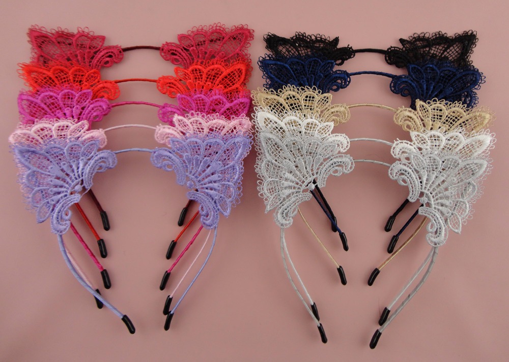 10PCS Assorted Colors Sexy Filigree Lace Cat Ears Metal hair headbands Party hair accessories Wholesale holiday hairbands-image-431179599