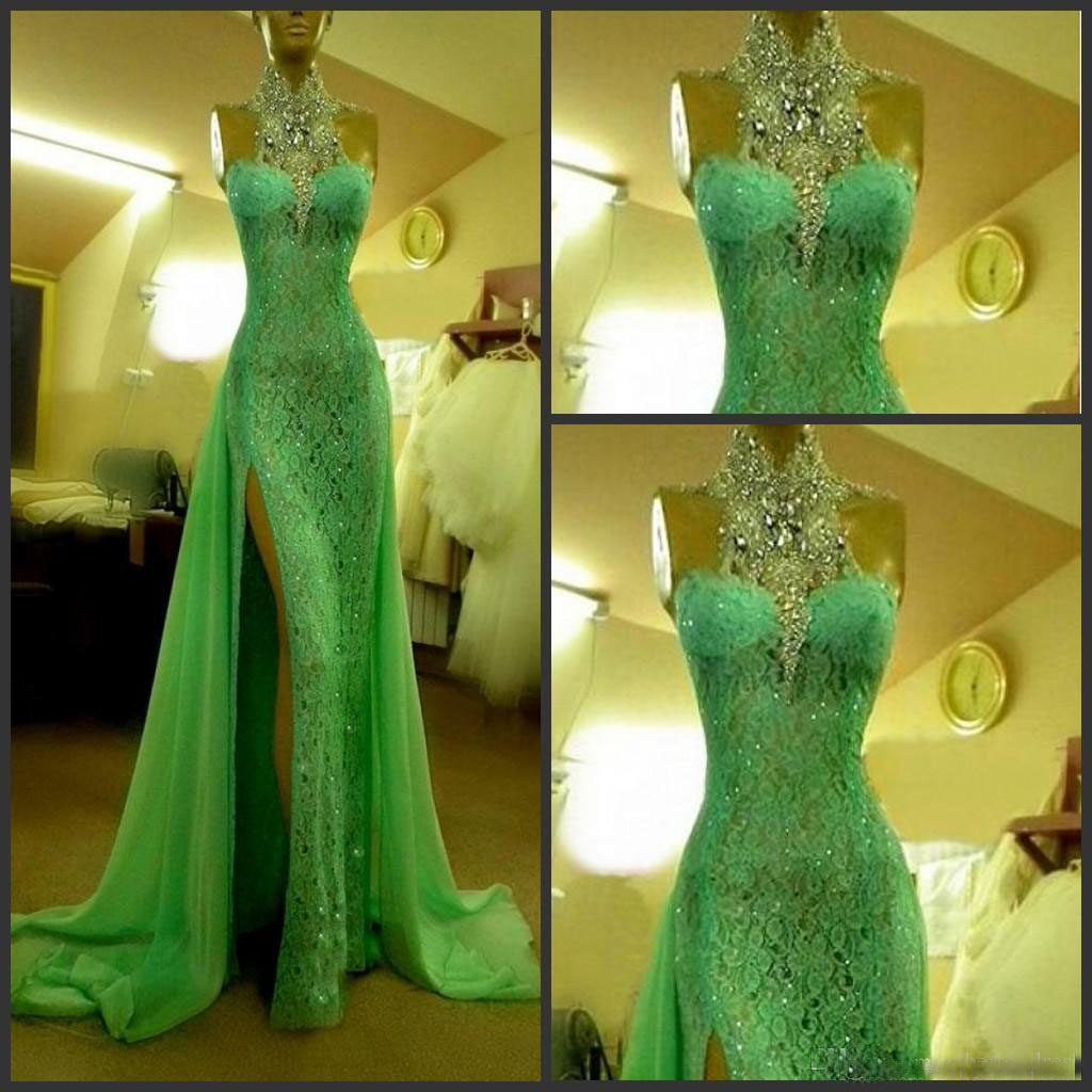 

2019 High Collar Emerald Green Evening Dresses with Crystal Diamond Arabic Prom Gowns Long Lace Sexy Side Slit Dubai Evening Dresse Custom, Purple