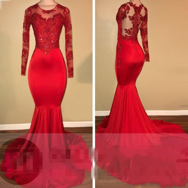 Cheap 2K18 Satin Mermaid Prom Dresses Jewel Neck Lace Applique Beaded Long Party Gowns Red Sheer Long Sleeves Sweep Length Evening Dress