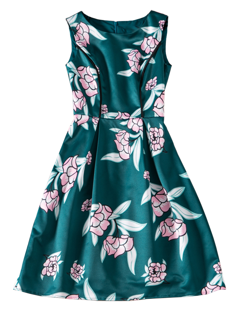 

Flower Print Women A-Line Dress Sleeveless Round Neck Casual Dresses 05K815, As pictures