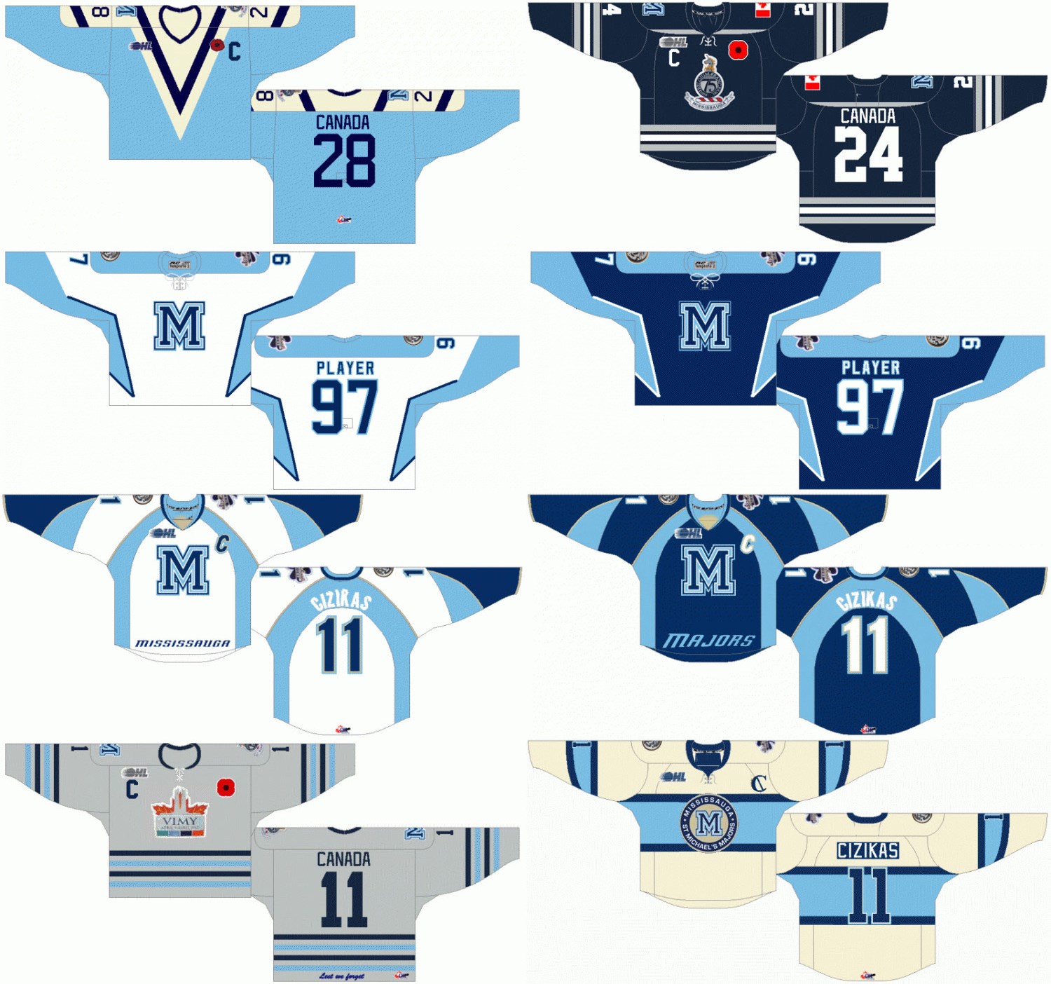 Customized 2007 08-2008 09 OHL Mens Womens Kids White Blue Grey Stiched Mississauga St. Michael's Majors Logos Ontario Hockey League Jerseys