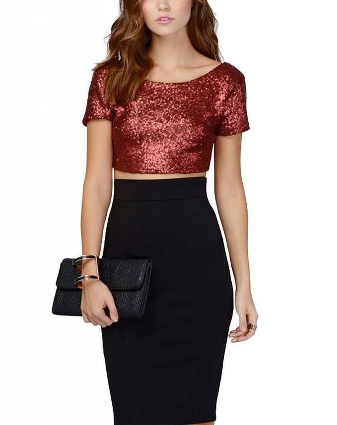 

Sparkling Sequins Crop Top for Women Scoop Neck Short Sleeve T Shirts Slim Fit Short Tees Sexy Night Out Clothing, Red