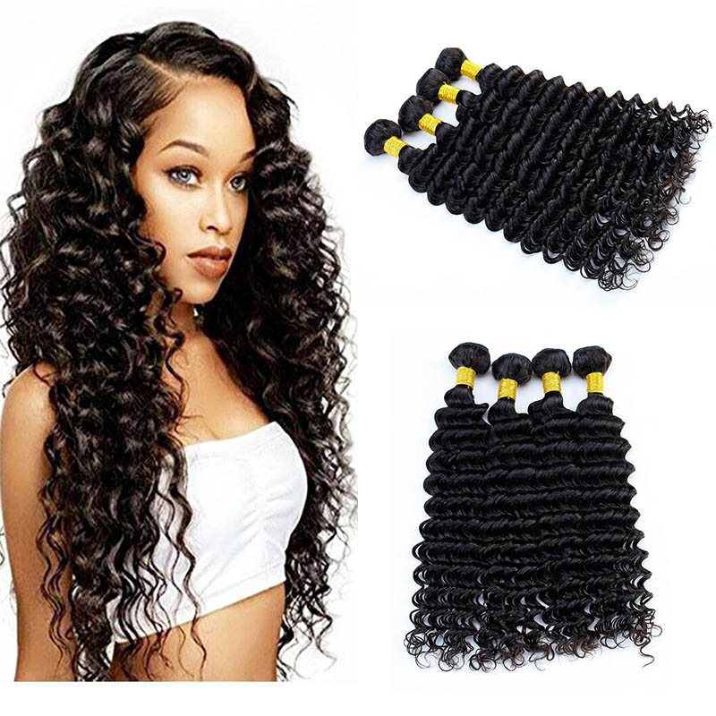 

Deep Wave 4 Bundles Brazilian Peruvian Malaysian Unprocessed Virgin Human Hair Weave 4 Wefts 100g/pcs Natural Black Can Be Dyed and Permed, Natural color