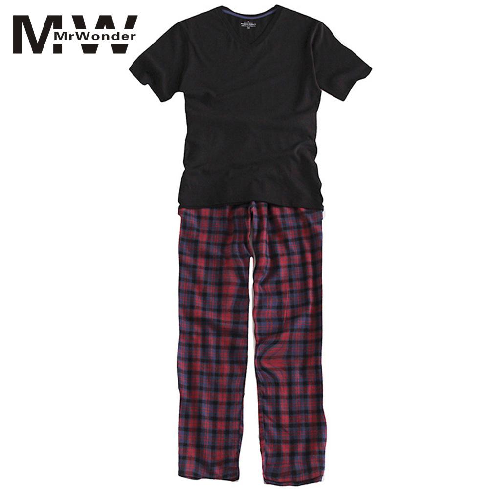 

mrwonder Men's Pajamas Summer Long Sleeve Home Wear Thin Cotton Plaid Pyjamas Men Lounge Pajama Sets Plus Size Sleep Wear SAN0, As shown