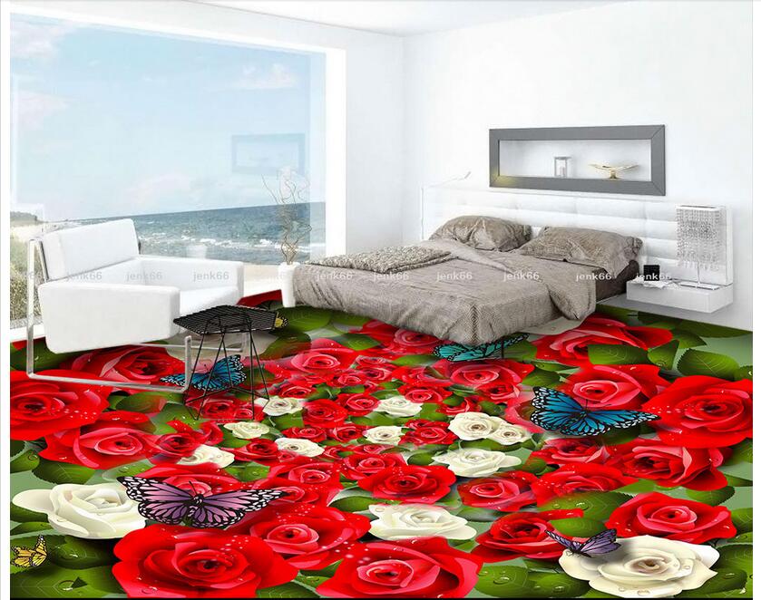 

3d pvc flooring custom photo Waterproof floor wall sticker Beautiful Rose flowers sea butterfly living room 3d wall murals wallpaper, Pictures show