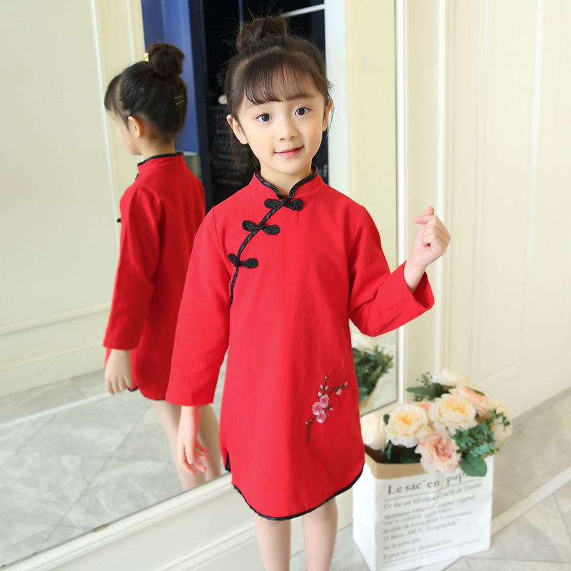 

2018 spring new children's dress girl with Chinese wind retro embroidered dress Chinese style girl favor clothing kids clothes, Red