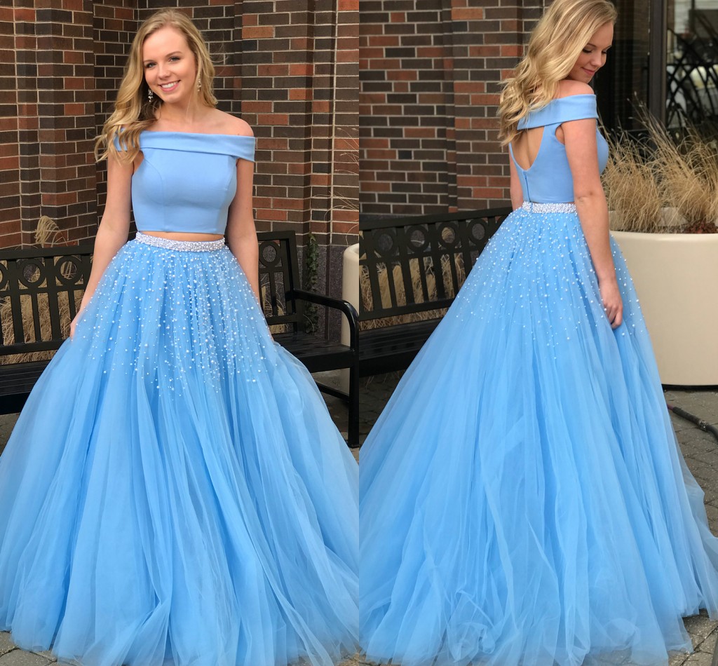 

Baby Blue Plus Size Prom Dresses Bateau Neck Off The Shoulder Satin Tulle Two Piece Prom Dresses Fuchsia Ball Gown Party Dresses, Hunter