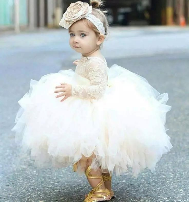 

2018 cute baby girl baptism gown christening dress jewel neck long sleeves lace bodice ruffles ball gown skirt toddler pageant dresses, White