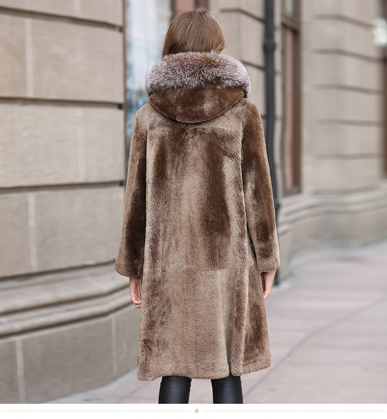 

women's fur leather coat leather with fur fashin coat with hat true leather cloth, Brown