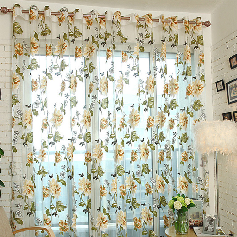 

Romantic Tulle Window Curtain for Living Room Burnout Peony Floral Beaded Polyester Sheer Curtains Translucent Home Thin Shading Decoration, Yellow