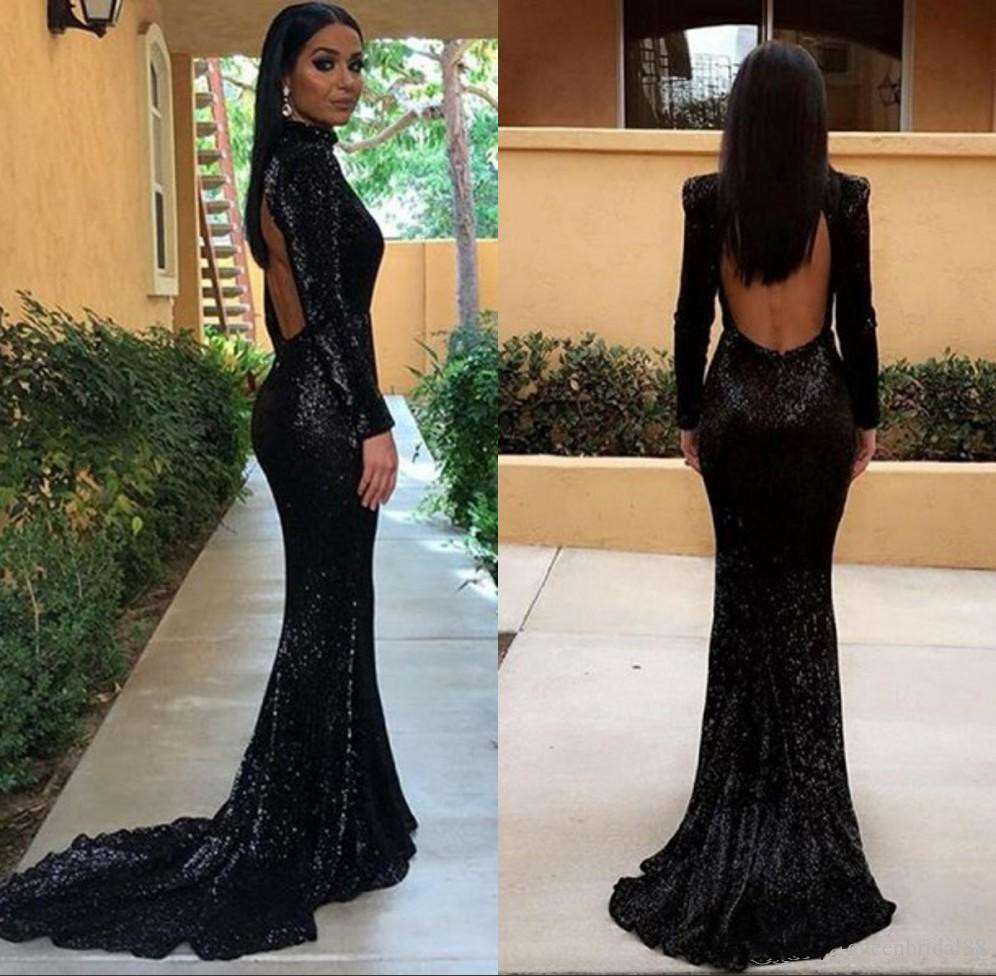 

Black Girls Sequined Mermaid Evening Dresses High Neck Long Sleeves Sexy Backless African Prom Dress Party Gowns, Blue