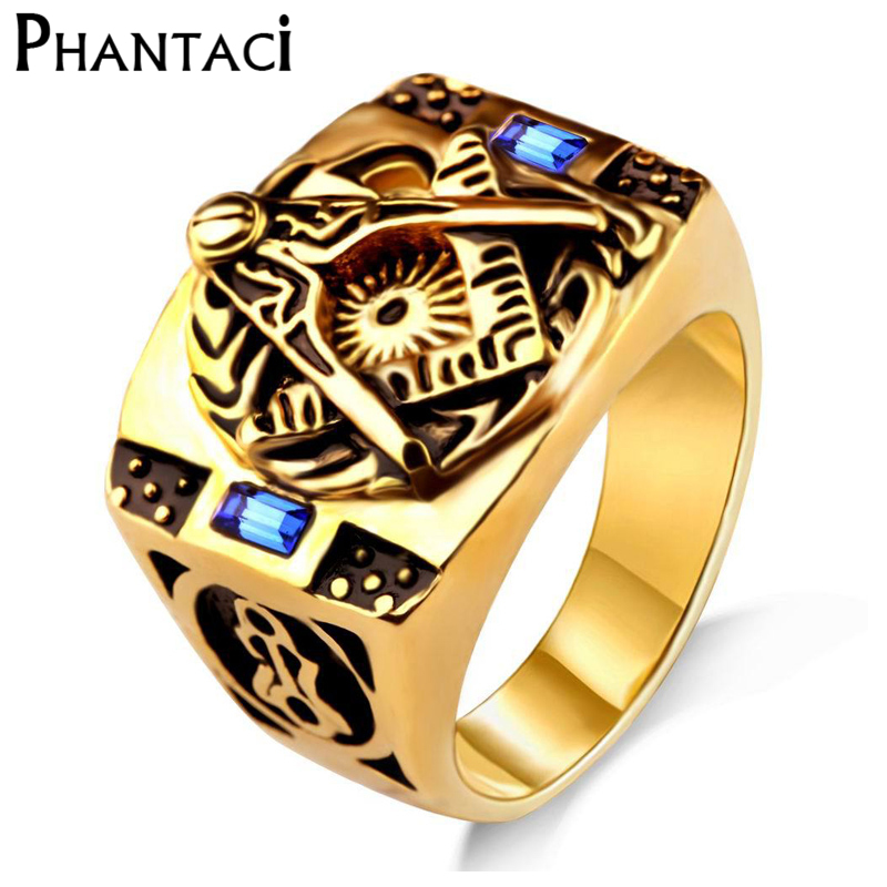 

Big Vintage Black Stainless Steel Rings For Men Free Mason Freemasonry Punk Gold Color Titanium Male Ring Masonic Jewelry