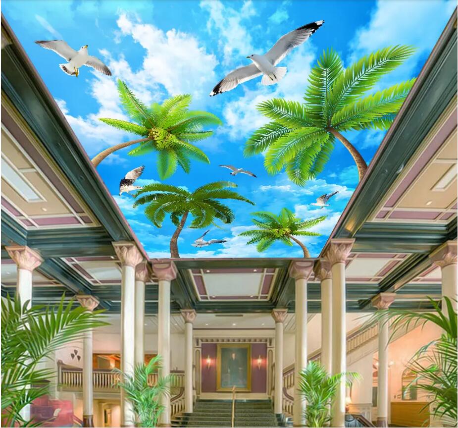 

3d ceiling murals wallpaper custom photo Seashore blue sky seagull coconut tree Home decoration background wallpaper for walls 3 d