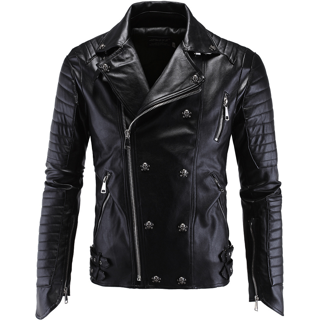 

Men PU Leather Jacket Biker Streetwear Winter Male Punk Style Jacket with Skull Buttons Zippers Asian Size M-5XL, Black