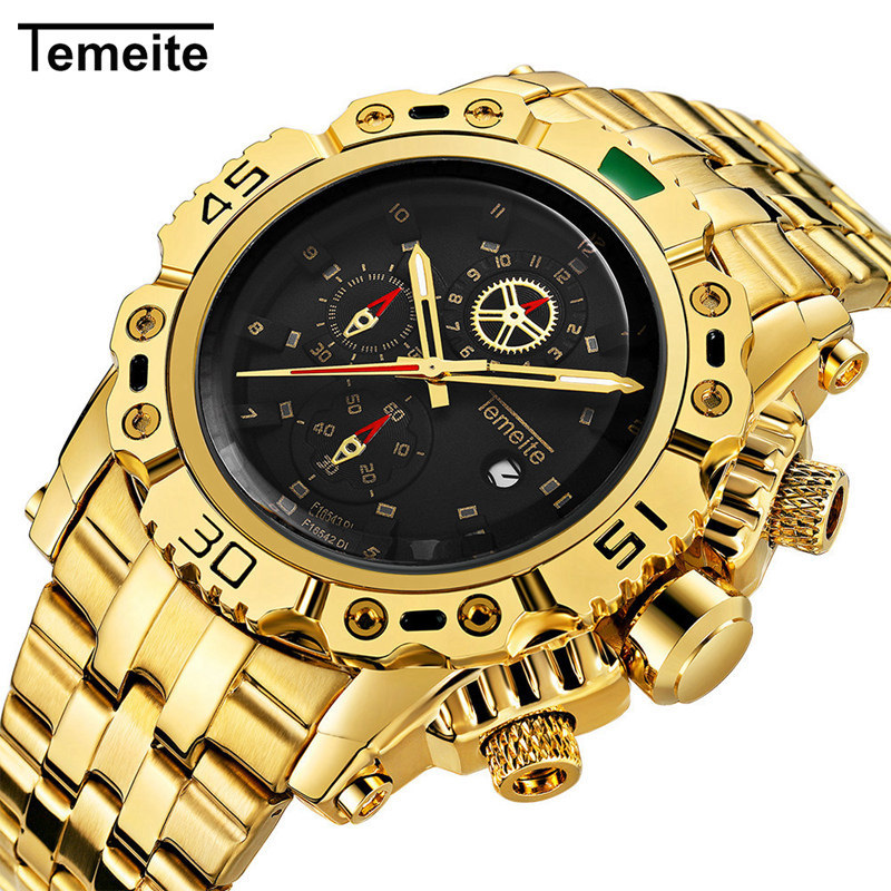 

2018 Top Temeite Business Casual Fashion Gold Quartz Watch Full stainless steel Casual men watches Male Clock Wristwatch R, Silver gold black
