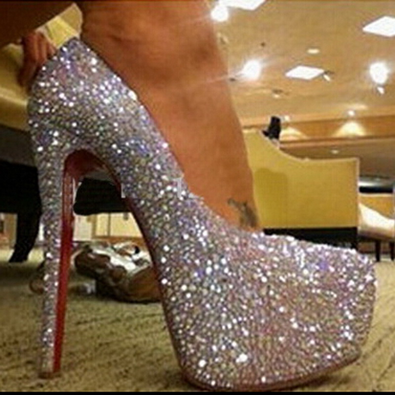 

Fashion Women Pumps Brand Red Rottom Shoes Rhinestone High Heels Sexy Crystal Platform Pumps Women Wedding Party Shoes 160mm/140mm size34-45, Red bottom 2