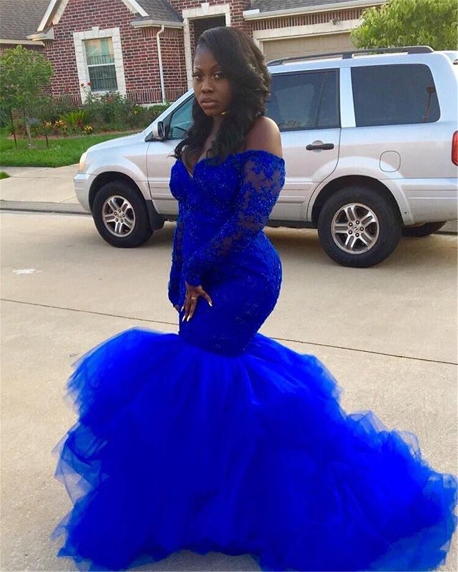 

2018 Black Girls Royal Blue Mermaid Evening Dresses Off Shoulder Long Sleeves Lace Applique Beads African Plus Size Prom Gowns Party Dresses, Dark navy