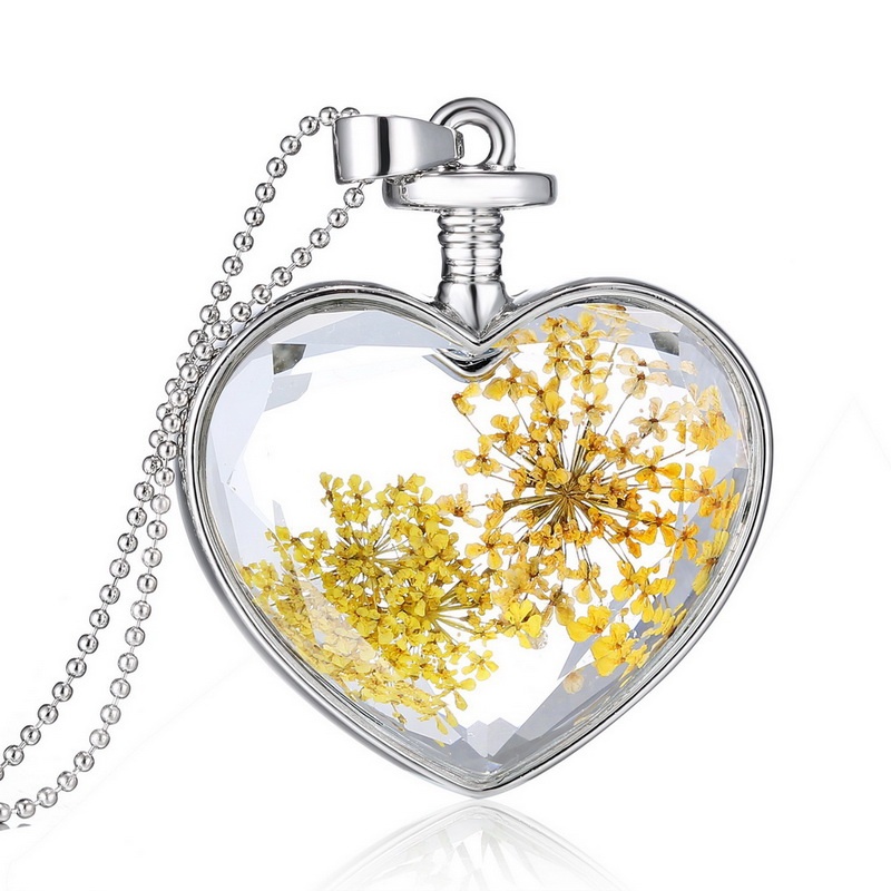 

fashion silver plated long chains glass locket pendant necklaces for women gift jewelry nature yellow dry flower necklace