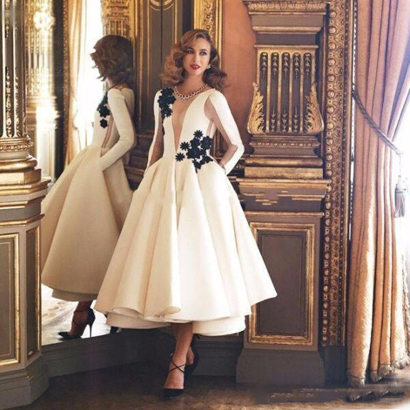 

Special Design Ivory Evening Dresses Long Sleeves Tea-Length Sexy Formal Dubai Kaftan Prom Party Dress for Women Plus Size Evening Gown, Blue