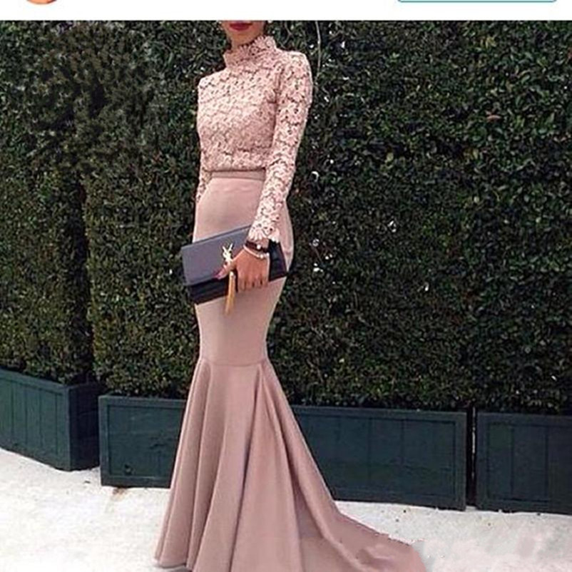 

Dubai Arabic Evening Dresses Lace Top High neck Long Sleeves Mermaid Prom Dress Fashion Pink Special Occasion Custom Made, Daffodil