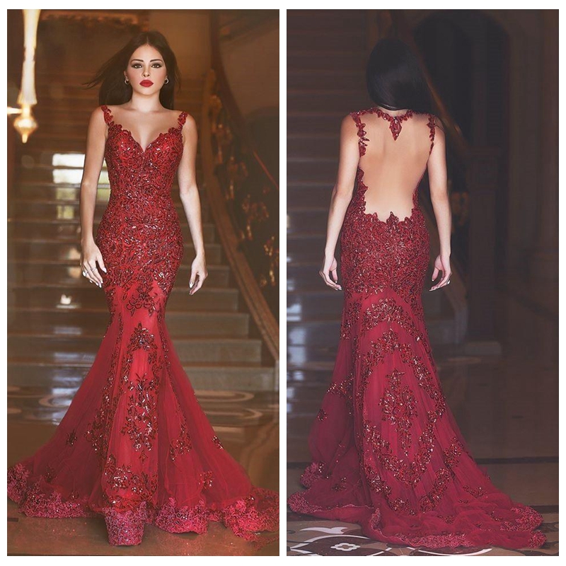 

2018 Slim Style Lace Burgundy See Through Back Mermaid Prom Dresses Dubai Long Sequins Sweetheart Lace Appliques Evening Pageant Dresses, Royal blue