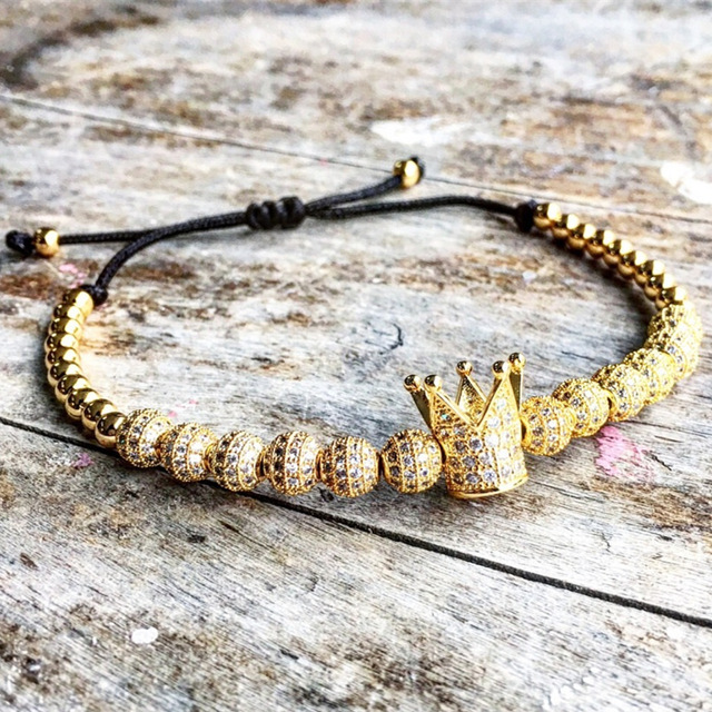 Nouveau Zircon Bracelets Hommes Bijoux Cubique Micro Pave CZ Couronne Charme 4mm Perles Rondes Tressé Macramé Bracelet pulseira feminina
