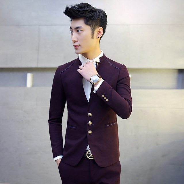 2018 New Men's Suit Jackets + Pants S M XL 2XL 3XL Navy Blue Red Business Wedding Banquet Gentleman Slim Elegance Suits Set