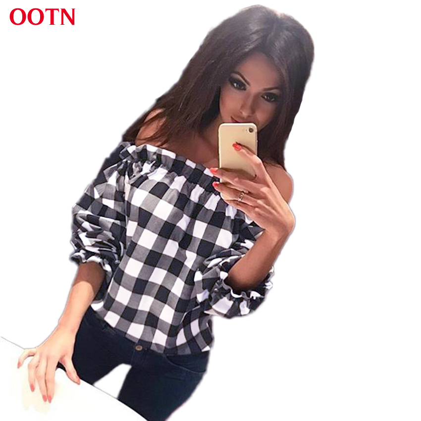 

Women' T Shirts Summer Plaid Tops Gingham Women Off Shoulder Lantern Sleeve Female Ladies Cotton Black White Sexy Tees Autumn, Black and white
