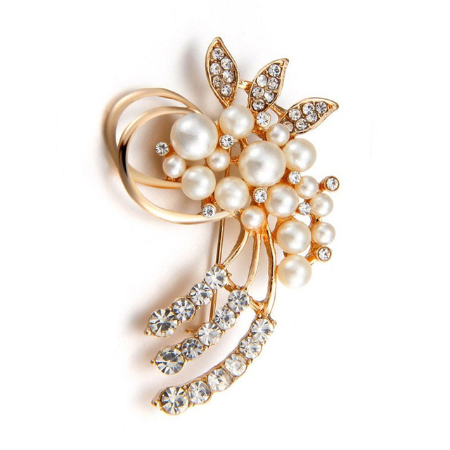 

Fashion Jewelry High Quality Vintage Gold Color Brooch Austria Crystals Pearl Flower Brooch Wedding Accessories