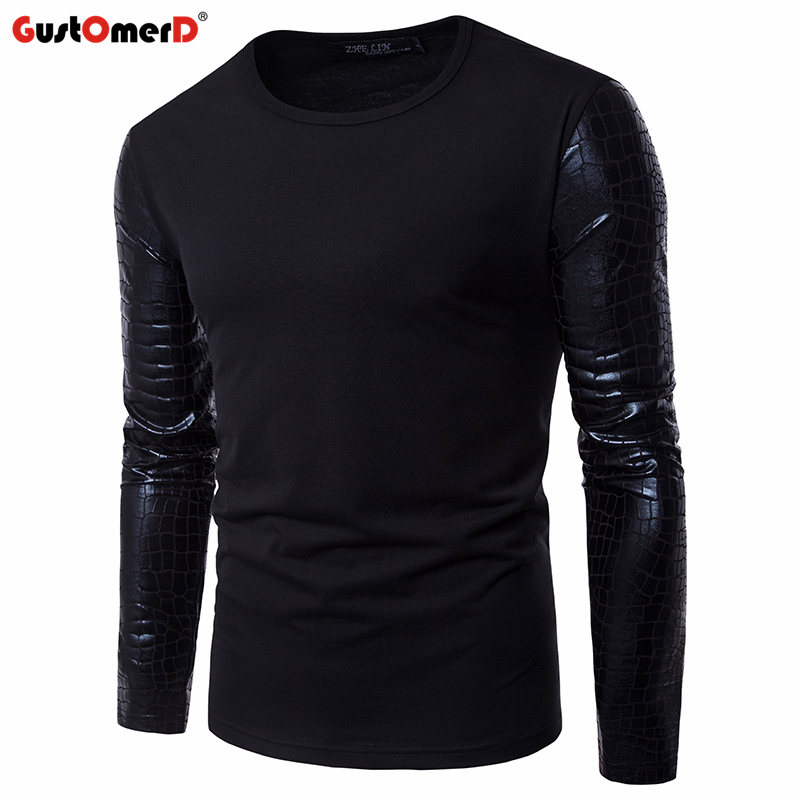

GustOmerD New Spring Bright Sleeves Patchwork T Shirt Men Fitness Solid Mens T-shirts Slim Casual Male Long Sleeve Tee Shirts, Black