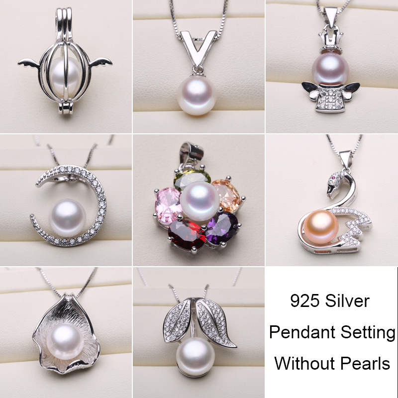 

925 Silver Pearl Necklace Settings Sliver Pendant Settings 8 Styles DIY Pearl Necklace Jewelry Settings With Chain Christmas Wedding Gift