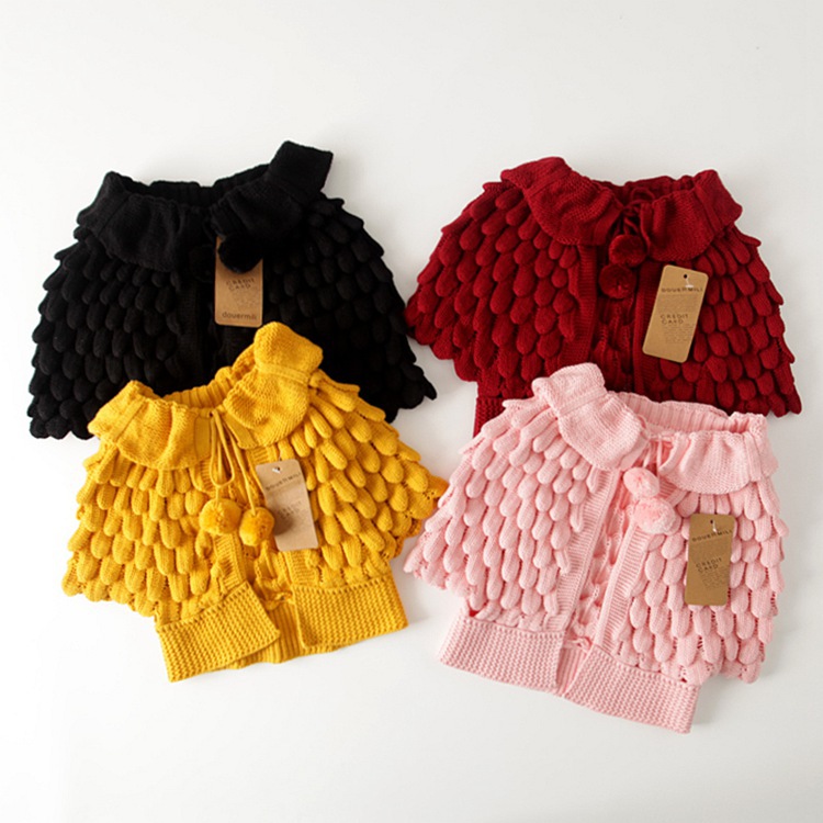 

Hot Sale Kids Girls Knit Puff Cardigan Kids Batwing Ruffles Fall Winter Outwear Knit Sweaters Children Clothes High Quality Z11, Red