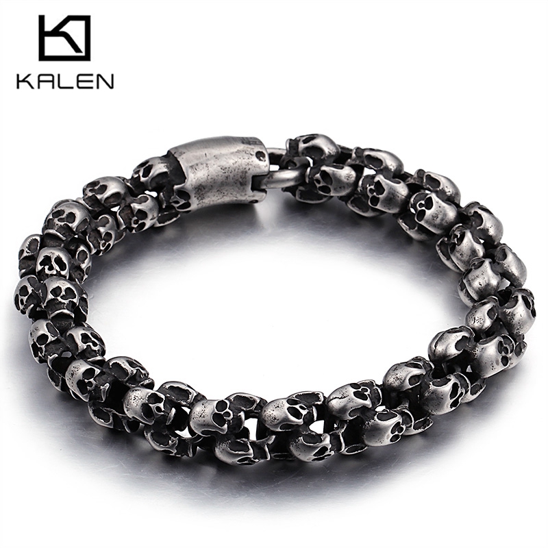 

Punk Matte Shiny Skull Bracelets For Men Stainless Steel Brushed Skull Charm Link Chain Brecelet Male Gothic Jewelry