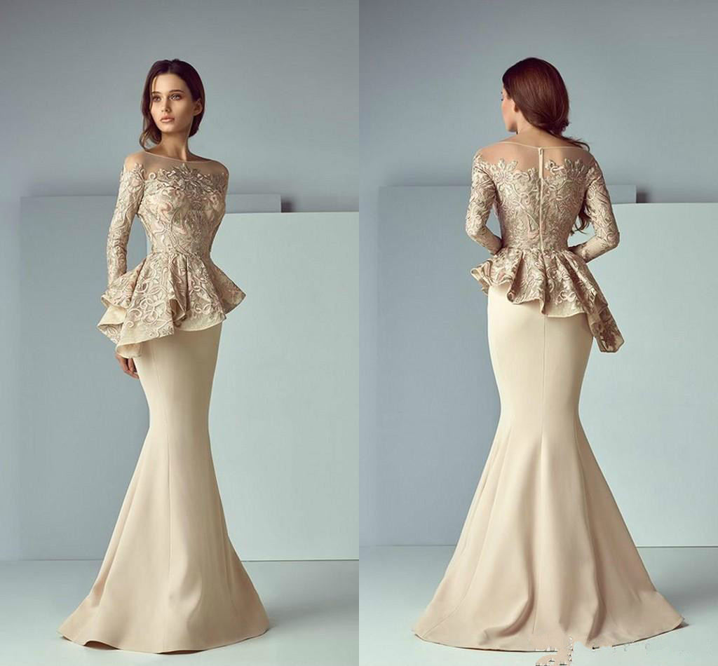 

Fashion Champagne Mermaid Lace Applique Long Sleeves Formal Evening Dresses Stain Sheer Dubai Arabia Party Prom Gowns Custom Made, Dark red