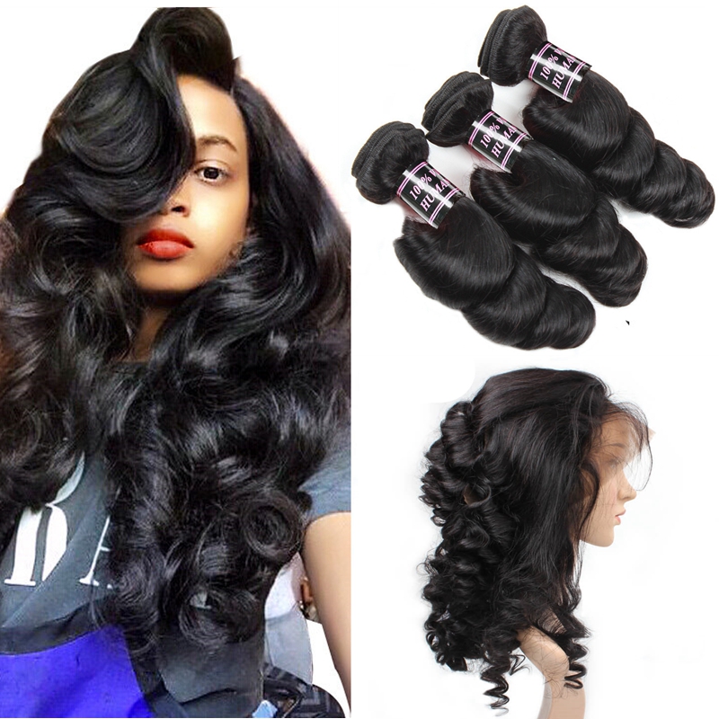 

8A Pre Plucked 360 Lace Frontal Closure With 3 Bundles Brazilian Loose Wave Virgin Unprocessed Human Hair Weave With Full Lace Frontal, Natural color