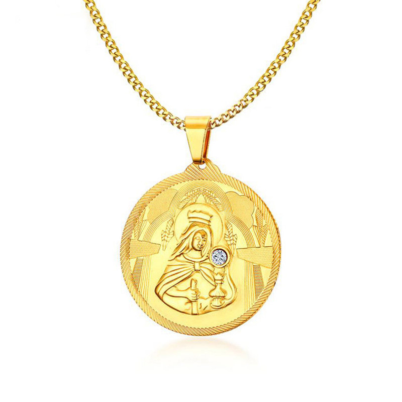 

45MM Mother of God Virgin Mary Necklace Pendant Christian Jewelry Gold Plated Stainless Steel Pendant Necklaces for Men With Rhinestone