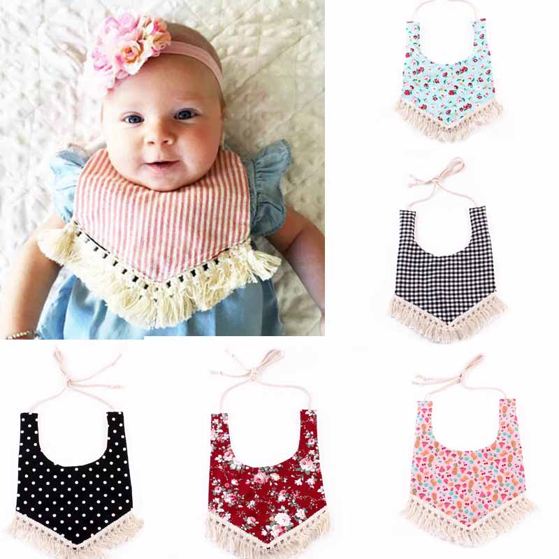 

6 styles INS Plaid Floral Print bibs 100% Cotton Tassel Burp Cloths Newborn Bandana Feeding Saliva towle Kids Bibs
