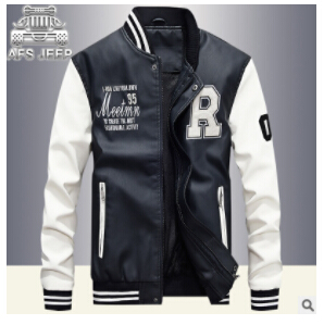 

Wholesale- Kenntrice Autumn Winter Youth Varsity Leather Jacket Men College Jackets Men's Outerwear Printed PU Leather Coats Bomber Jacket, Blue