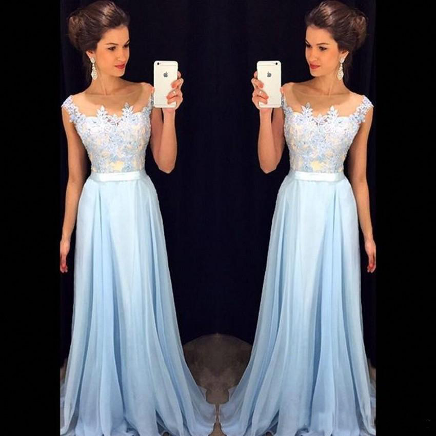 

Light Sky Blue Prom Dresses Sheer Neck Cap Sleeves Appliqued Chiffon Floor Length Formal Dresses Modest Evening Gowns Zipper Up, Dark green
