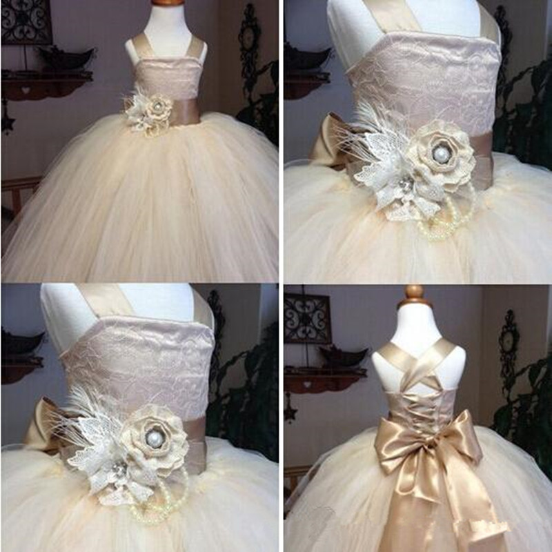 2019 robes de concours de fille de champagne rustique en dentelle vintage bretelles spaghetti robe de bal en tulle moelleux robe de fille de fleu