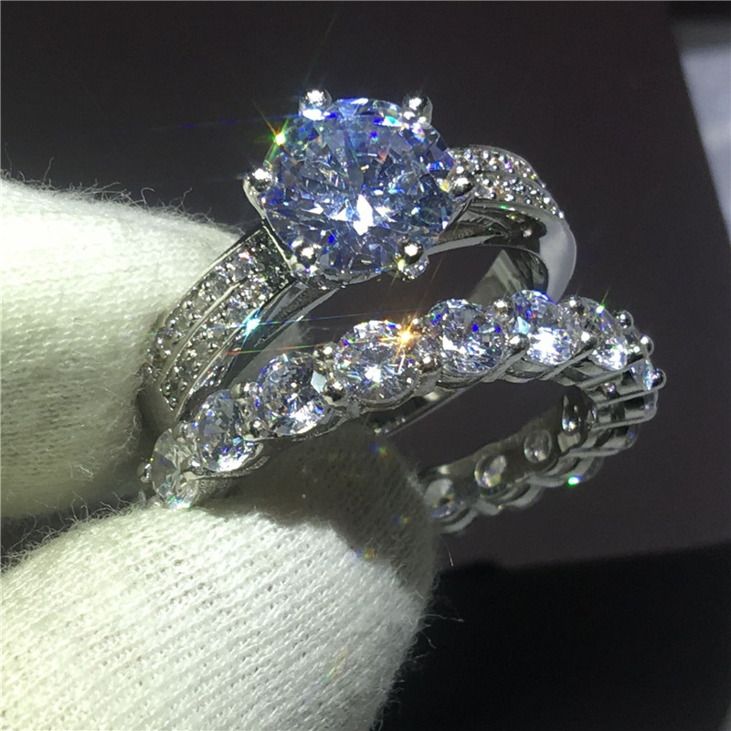 

solitaire Jewelry Lovers White Gold Filled ring set Full 5A Zircon Cz stone Engagement wedding band rings for women Gift