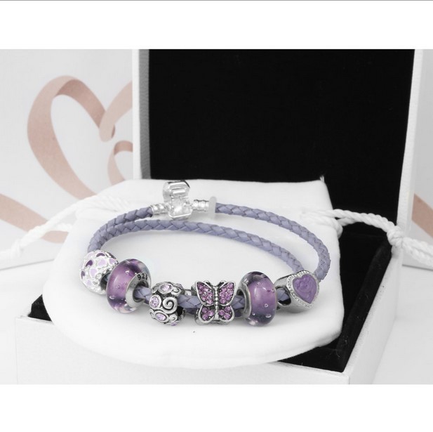 

925 Sterling Silver Purple Charm Bead fit European Pandora Bracelets for Women Charm Double Layer Genuine Leather Chain Fashion Jewelry