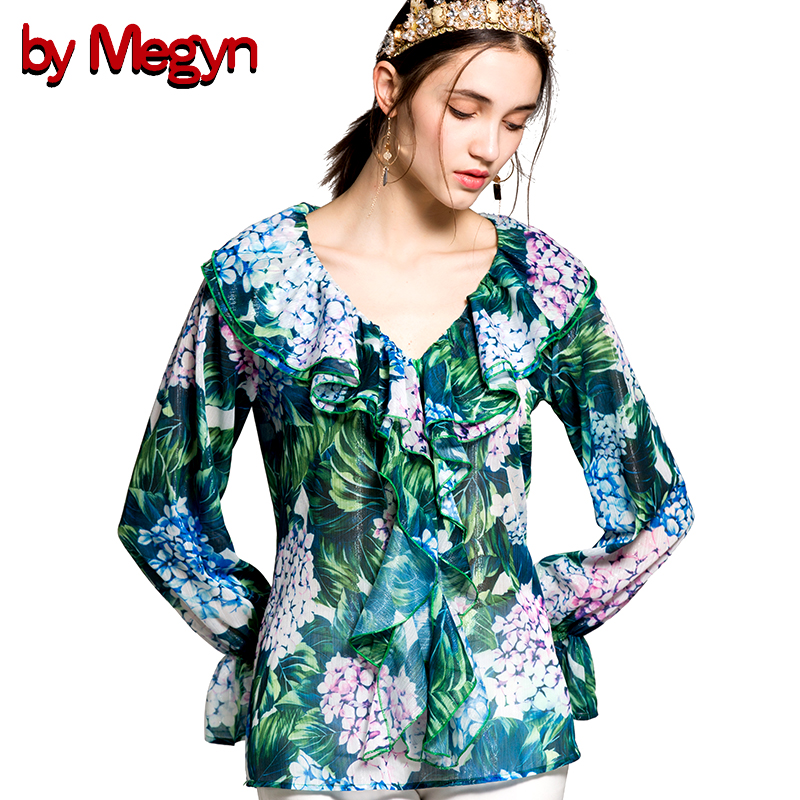 

by megyn women flare long sleeve blouse green floral print ruffle blouse sexy v-neck 2018 summer women fashion tops blouses