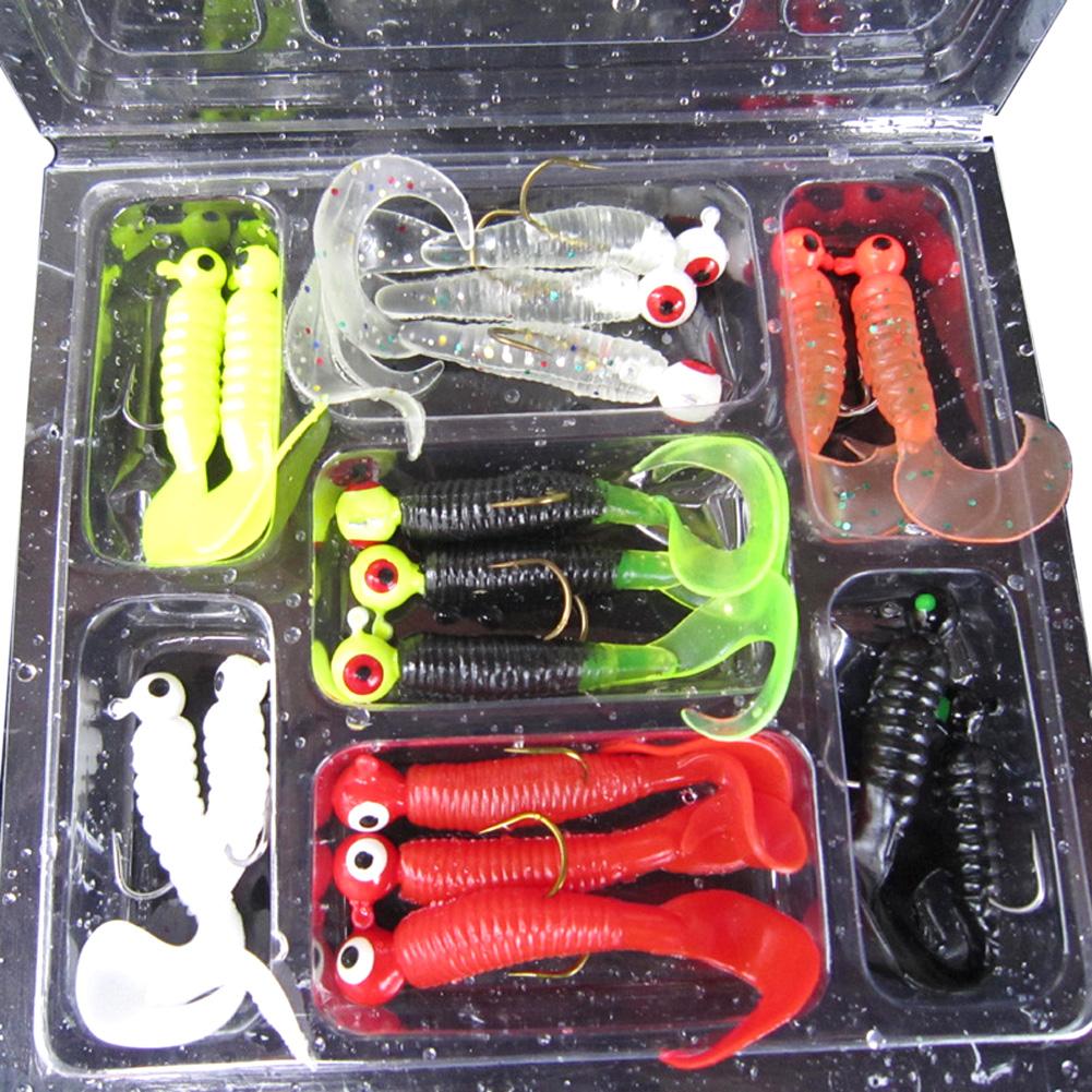 

17Pcs/Set Soft Fishing Lures Lead Jig Head Hook Grub Worm Soft Baits Shads Silicone Pesca Fishing Tackle Artificial Bait Lure